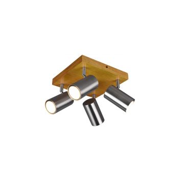 Marley Plafoniera 4 Spots Cil. Acciaio Base Legno Naturale L. 22Cm Trio 