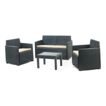 Arena - Salottino Da Giardino In Polyrattan Con Divanetto + 2 Poltrone + Tavolino Progarden Antracite