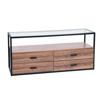Jaipur - Mobile basso in legno e metallo con 4 cassetti e ripiano in vetro Casa Collection Quercia