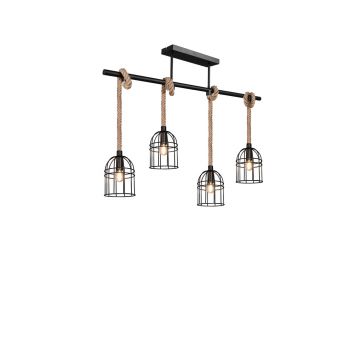 Wodan Plafoniera Metallo Nero E Corda 4 Diffusori Gabbia L. 90Cm Trio 