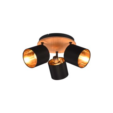 Tommy Plafoniera 3 Spots Base Legno Con Paralumi Nero E Oro D. 46,5Cm Trio 
