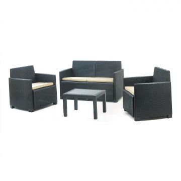 Arena - Salottino Da Giardino In Polyrattan Con Divanetto + 2 Poltrone + Tavolino Progarden Antracite