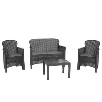 Jungle - Salottino Da Giardino Con Divanetto + 2 Poltrone + Tavolino In Polyrattan Con Cuscini-Antracite Frankystar Antracite
