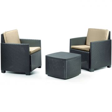 Trinacria - Salottino Da Giardino In Polyrattan Con 2 Poltroncine + Tavolino Contenitore Progarden Antracite